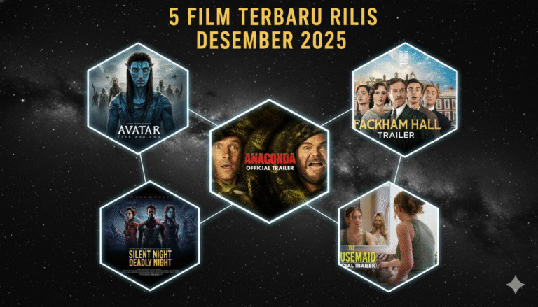 Poster 5 film terbaru yang rilis Desember 2025, termasuk Avatar: Fire and Ash, Anaconda, Silent Night Deadly Night, Fackham Hall, dan The Housemaid.