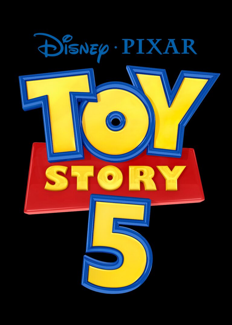 Logo resmi Toy Story 5 dari Disney dan Pixar dengan desain huruf warna kuning, biru, dan merah.