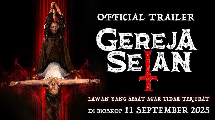 “Poster trailer film Gereja Setan menampilkan seorang pria dan seorang perempuan tergantung terbalik dalam nuansa merah gelap dengan tagline Lawan yang Sesat Agar Tidak Terjerat, rilis 11 September 2025.”