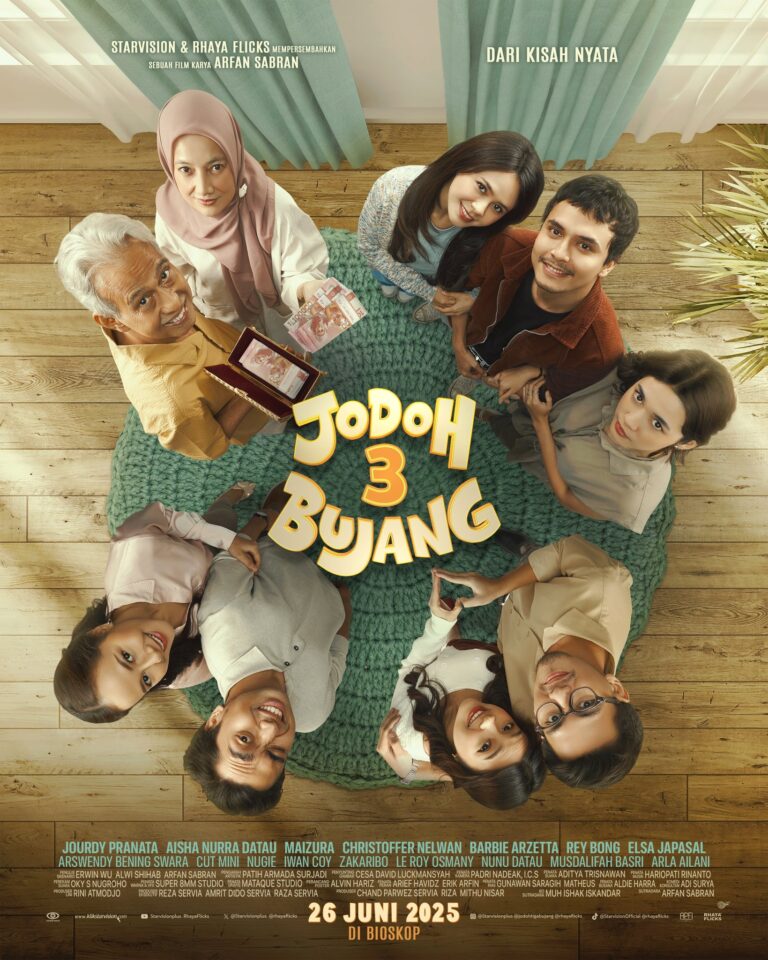 Poster resmi film “Jodoh 3 Bujang” menampilkan sekelompok orang berdiri melingkar dan melihat ke arah kamera dari sudut atas. Salah satu pria tua memegang kotak berwarna merah berisi uang. Judul besar “Jodoh 3 Bujang” berada di tengah dengan warna kuning. Di bagian bawah tercantum daftar pemeran dan tanggal rilis 26 Juni 2025.