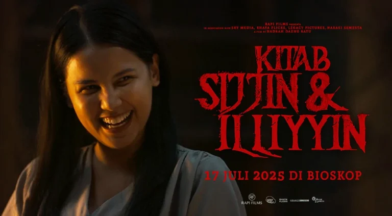 Poster film Kitab Sijjin & Illiyyin menampilkan seorang perempuan tersenyum dengan latar gelap dan tulisan rilis 17 Juli 2025 di bioskop.