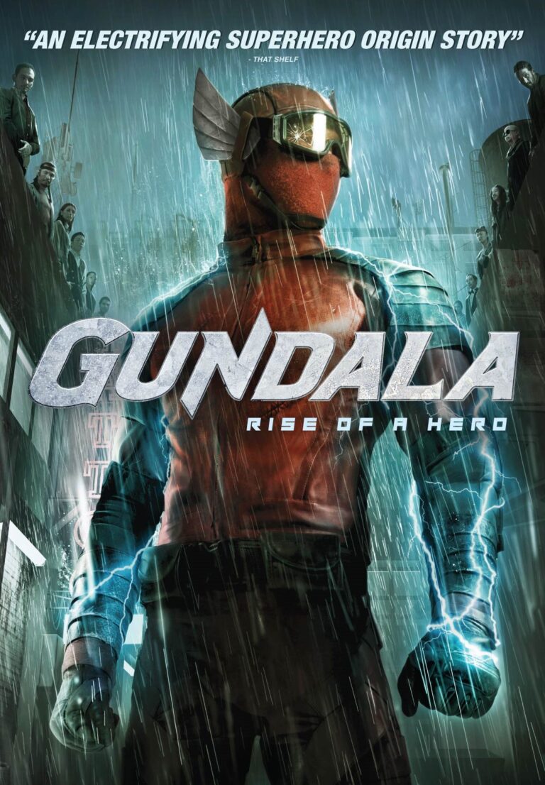 Poster film Gundala Rise of a Hero menampilkan pahlawan super Indonesia Gundala dengan kostum merah dan kekuatan petir di tengah hujan deras