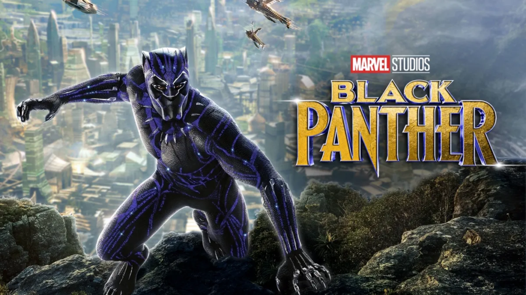 Karakter Black Panther dalam kostum superhero dengan latar belakang kota Wakanda yang futuristik.