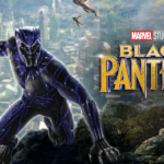 Karakter Black Panther dalam kostum superhero dengan latar belakang kota Wakanda yang futuristik.