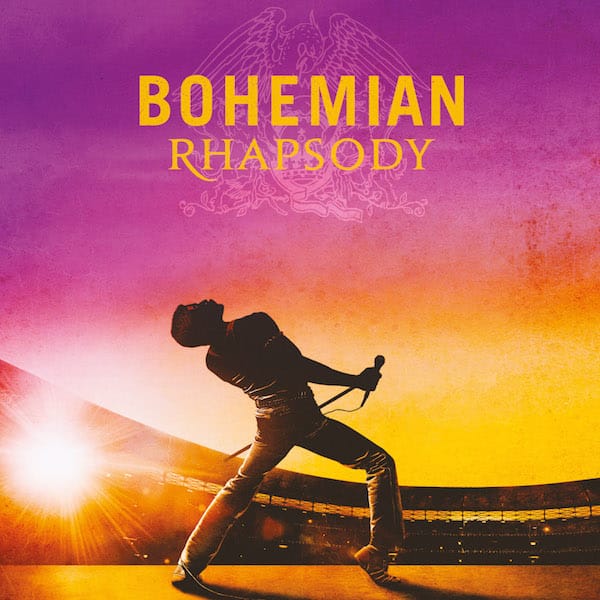 Poster film Bohemian Rhapsody yang menampilkan siluet Freddie Mercury sedang tampil di atas panggung dengan latar belakang gradasi warna ungu dan oranye yang ikonik.