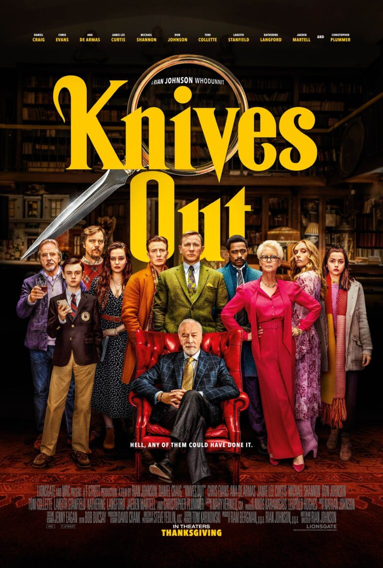 Poster film Knives Out menampilkan karakter utama di depan latar belakang perpustakaan, dengan detektif Benoit Blanc di kursi merah dan berbagai anggota keluarga Thrombey berdiri di sekitarnya.