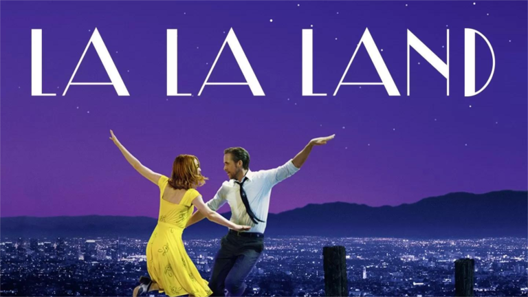 La La Land (2016): Ryan Gosling dan Emma Stone menari di bawah langit Los Angeles dengan latar belakang kota yang gemerlap.
