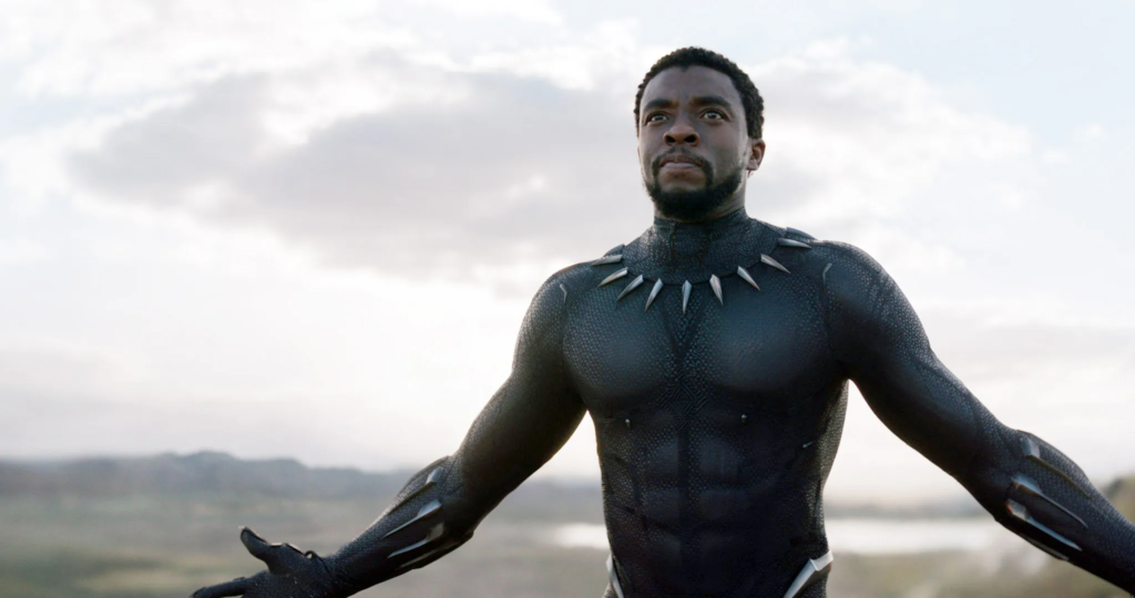 T'Challa sebagai Black Panther berdiri dengan pose heroik, mengenakan kostum ikoniknya, di latar belakang alam terbuka.
