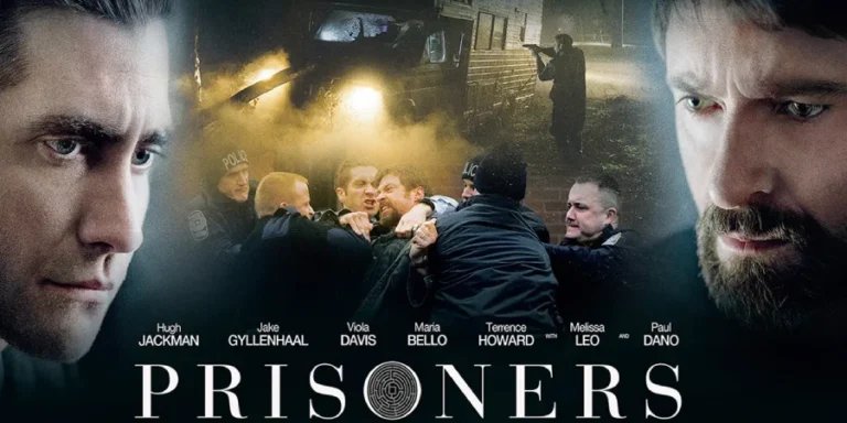Poster film Prisoners (2013) menampilkan karakter utama Keller Dover (Hugh Jackman), Detektif Loki (Jake Gyllenhaal), dan Alex Jones (Paul Dano), dengan latar belakang ketegangan yang meningkat dalam pencarian dua gadis yang hilang.