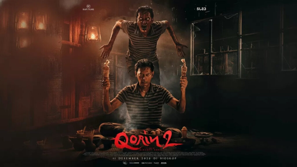 Poster film Qorin 2 menampilkan sosok pria kerasukan dengan bayangan qorin di belakangnya, menghadirkan teror horor Indonesia terbaru 2025