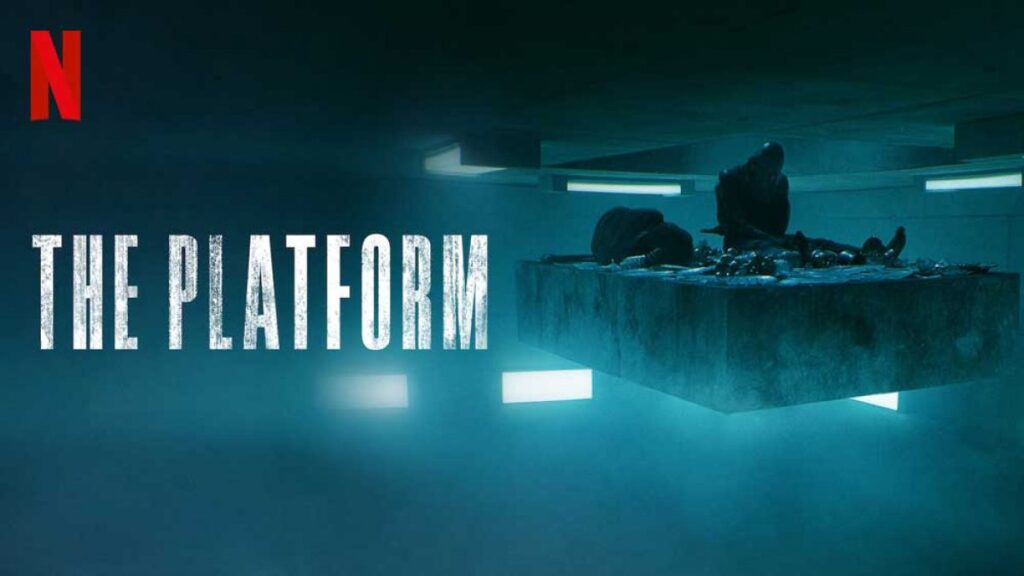 Poster film "The Platform" di Netflix dengan dua karakter yang duduk di atas sebuah platform makanan yang bergerak dalam penjara vertikal.