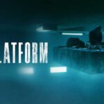 Poster film "The Platform" di Netflix dengan dua karakter yang duduk di atas sebuah platform makanan yang bergerak dalam penjara vertikal.