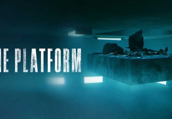 Poster film "The Platform" di Netflix dengan dua karakter yang duduk di atas sebuah platform makanan yang bergerak dalam penjara vertikal.