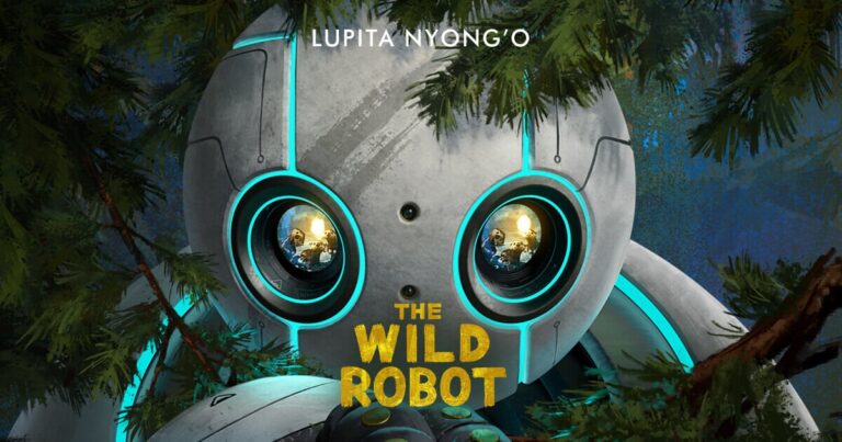 Poster film animasi The Wild Robot menampilkan wajah robot Roz dengan mata bercahaya di tengah hutan liar