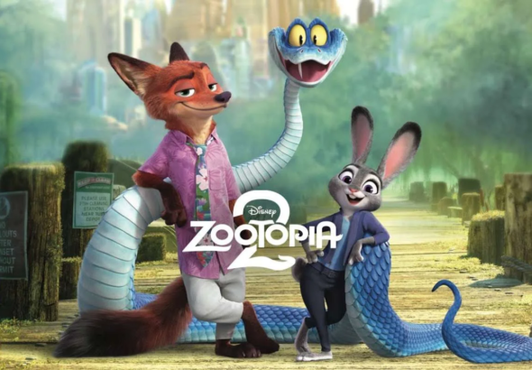 Karakter utama Zootopia 2, Nick Wilde si rubah dan Judy Hopps si kelinci, bersama dengan karakter baru, ular dengan desain yang menarik.