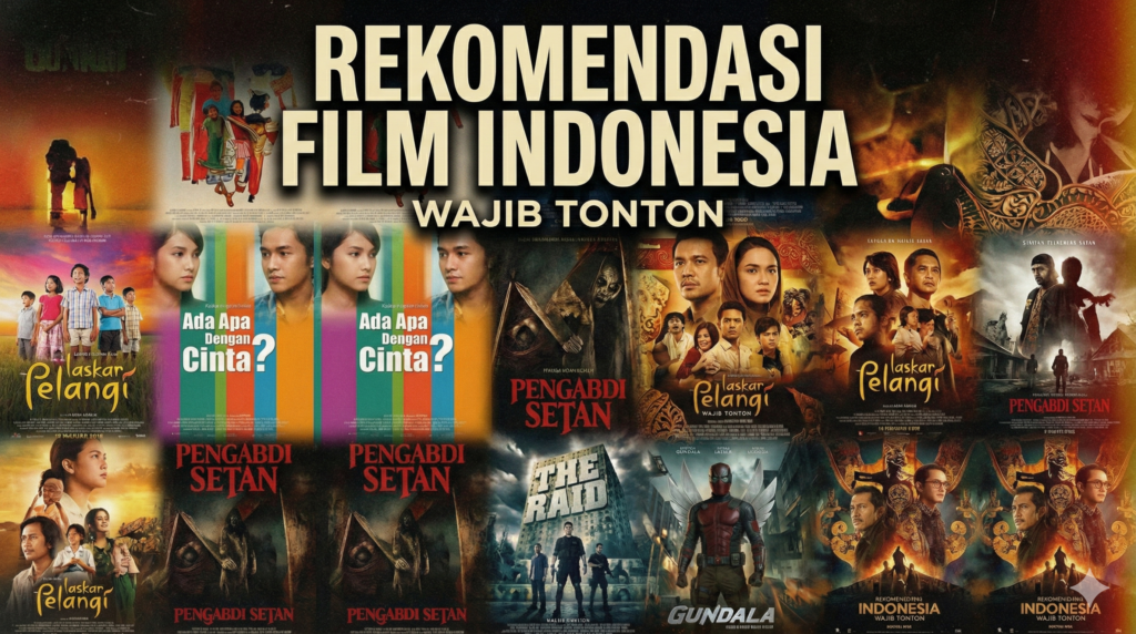 Poster dengan judul besar "REKOMENDASI FILM INDONESIA WAJIB TONTON" berwarna putih di bagian atas, berlatar belakang kolase poster berbagai film Indonesia populer seperti Laskar Pelangi, Ada Apa Dengan Cinta?, Pengabdi Setan, The Raid, dan Gundala.