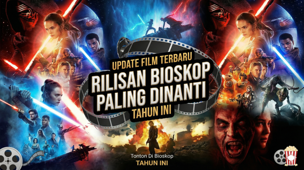 Poster ilustrasi dengan teks Update Film Terbaru Rilisan Bioskop Paling Dinanti Tahun Ini dengan latar belakang kolase film aksi dan horor.