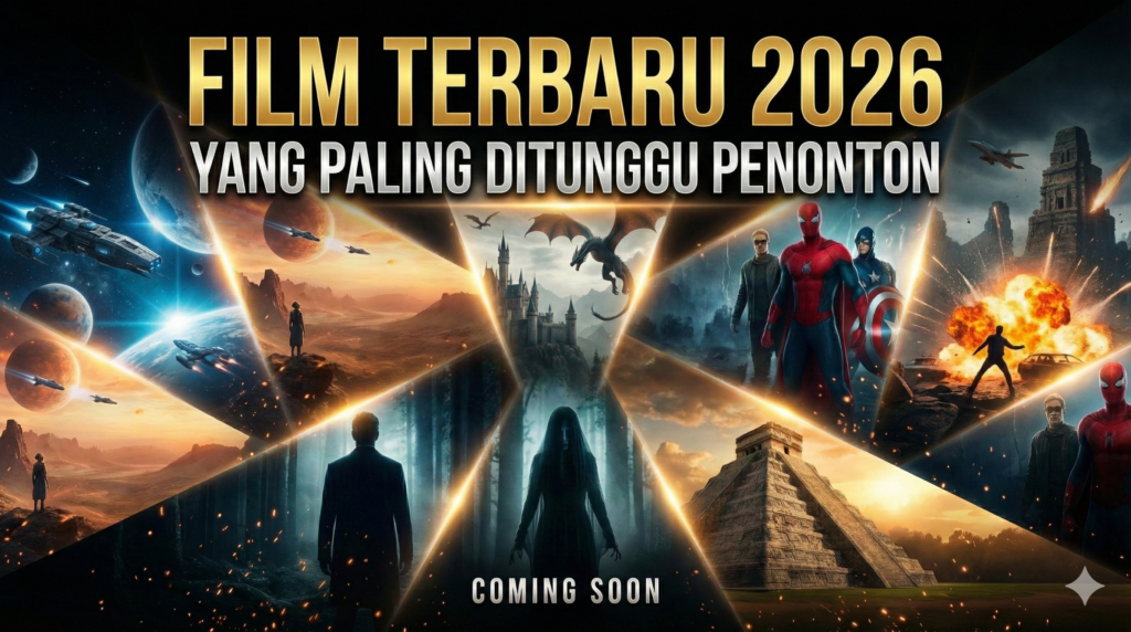 Ilustrasi poster film bioskop terbaru tahun 2026 menampilkan tema sinematik dari film paling ditunggu seperti Avengers Doomsday, Spider-Man Brand New Day, Toy Story 5, dan The Mandalorian & Grogu.
