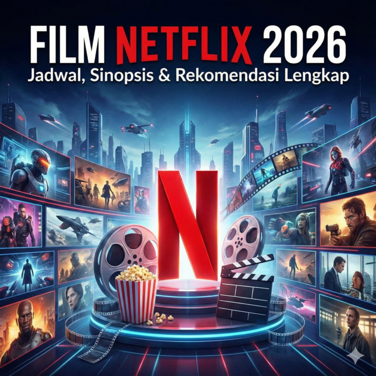 Ilustrasi poster futuristik Film Netflix 2026 dengan logo N merah besar di tengah, dikelilingi layar holografik adegan film, popcorn, dan papan klapper, dengan teks judul Jadwal, Sinopsis & Rekomendasi Lengkap.