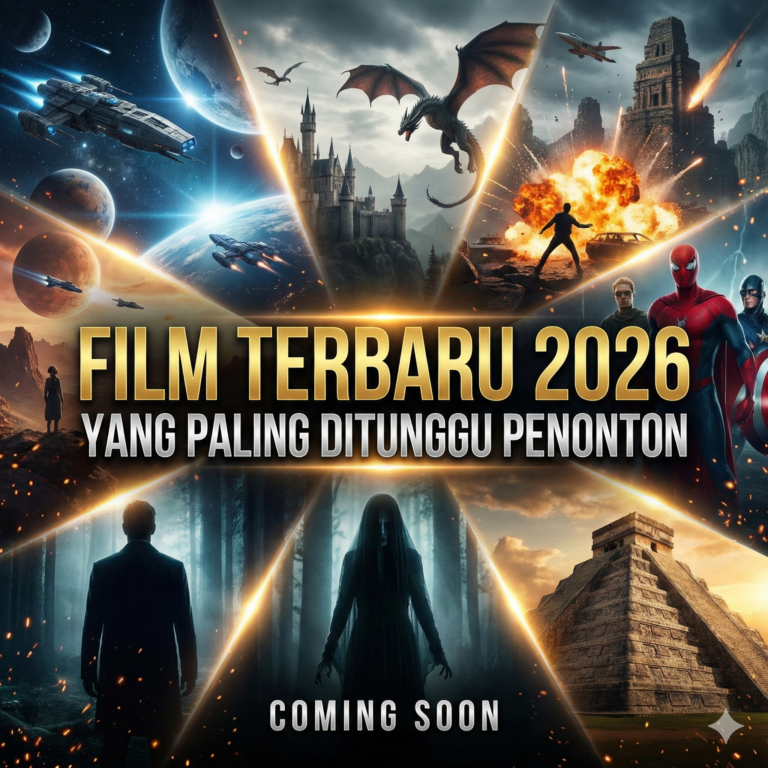 Ilustrasi poster film bioskop terbaru tahun 2026 menampilkan tema sinematik dari film paling ditunggu seperti Avengers Doomsday, Spider-Man Brand New Day, Toy Story 5, dan The Mandalorian & Grogu.