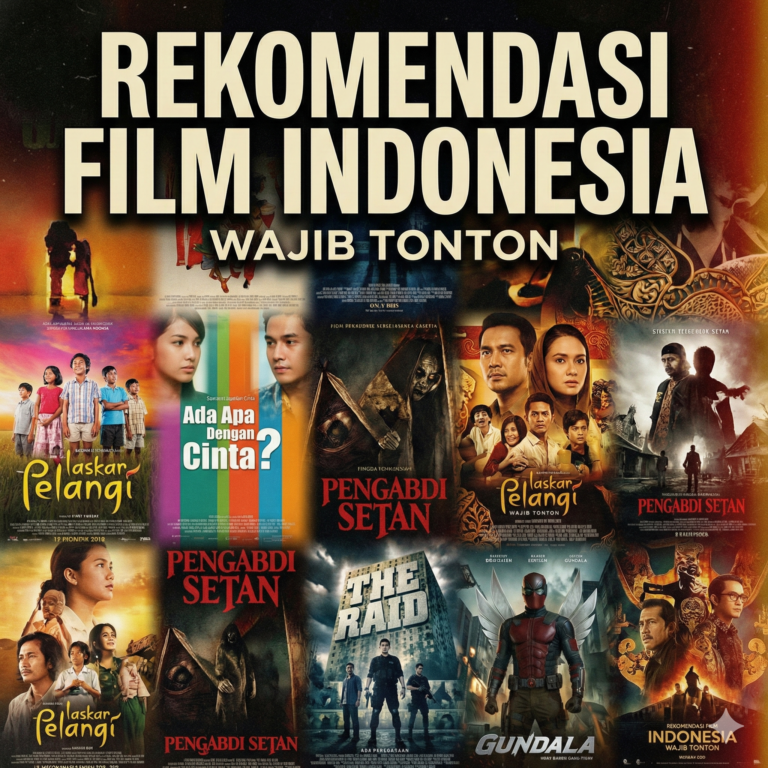 Poster dengan judul besar "REKOMENDASI FILM INDONESIA WAJIB TONTON" berwarna putih di bagian atas, berlatar belakang kolase poster berbagai film Indonesia populer seperti Laskar Pelangi, Ada Apa Dengan Cinta?, Pengabdi Setan, The Raid, dan Gundala.