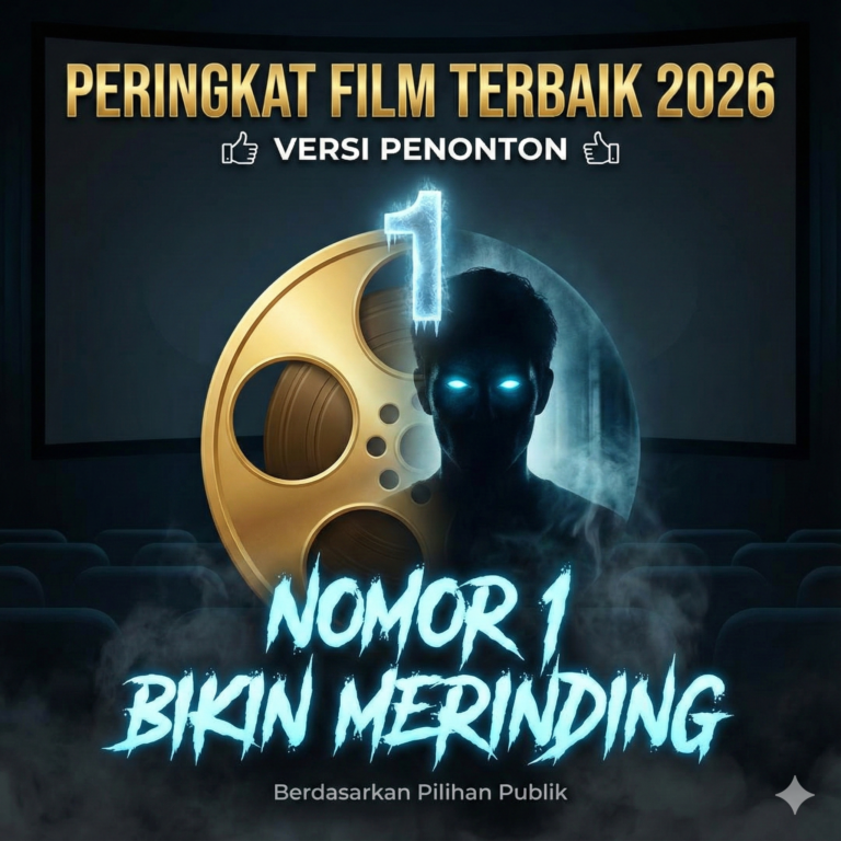 Poster ilustrasi digital bernuansa sinematik gelap menampilkan teks emas 'Peringkat Film Terbaik 2026 Versi Penonton' dengan penekanan grafis horor pada tulisan 'Nomor 1 Bikin Merinding' dan elemen gulungan film