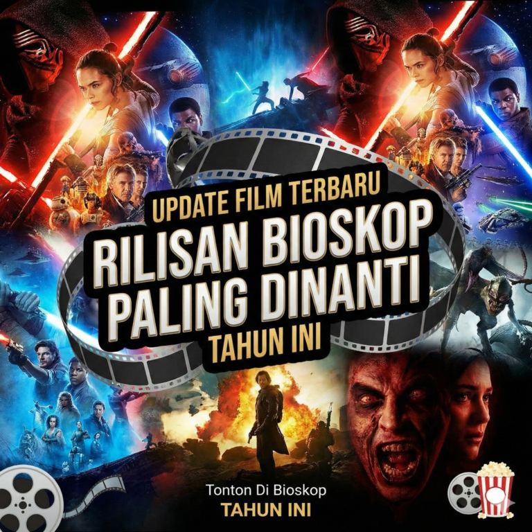 Poster ilustrasi dengan teks Update Film Terbaru Rilisan Bioskop Paling Dinanti Tahun Ini dengan latar belakang kolase film aksi dan horor.