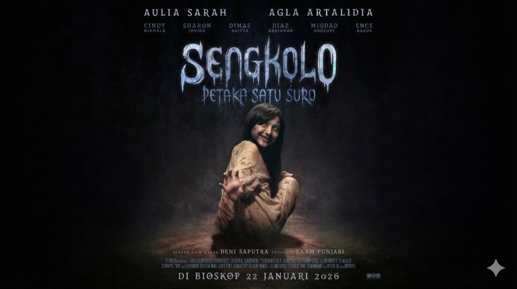 Poster resmi film horor Sengkolo: Petaka Satu Suro menampilkan sosok wanita menyeramkan dan tanggal rilis 22 Januari 2026.