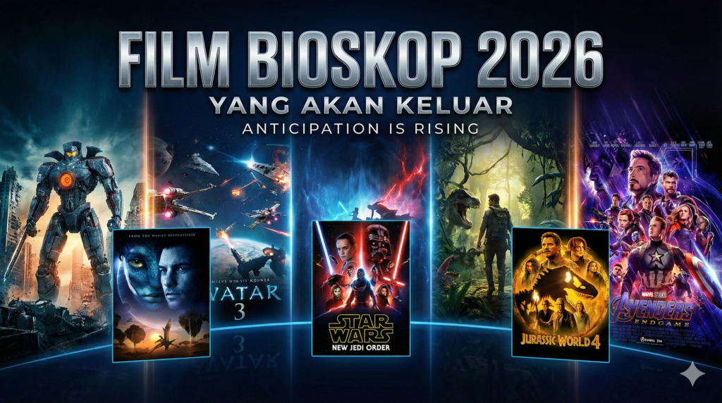 Poster kolase digital horizontal bertuliskan "FILM BIOSKOP 2026 - YANG AKAN KELUAR". Menampilkan gabungan visual robot besar, pertempuran luar angkasa, dan dinosaurus, serta poster spesifik untuk Avatar 3, Star Wars: New Jedi Order, Jurassic World 4, dan Avengers Endgame sebagai representasi film blockbuster yang dinantikan.