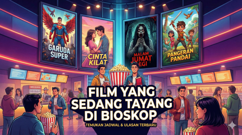 Ilustrasi bergaya komik yang ramai dan penuh warna dari lobi bioskop. Di bagian tengah terdapat teks besar berwarna putih dengan garis luar emas bertuliskan "FILM YANG SEDANG TAYANG DI BIOSKOP", dan di bawahnya "TEMUKAN JADWAL & ULASAN TERBARU". Dua pria tersenyum berdiri di belakang wadah popcorn raksasa. Latar belakang menampilkan empat poster film fiksi besar: "GARUDA SUPER" (superhero), "CINTA KILAT" (romantis), "MALAM JUMAT LEGI" (horor), dan "PANGERAN PANDAI" (petualangan). Banyak pengunjung lain terlihat memegang makanan dan minuman di sekitar area konsesi yang terang benderang.