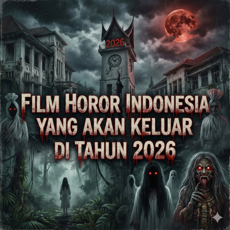 Poster ilustrasi bertema film horor Indonesia terbaru tahun 2026 dengan tipografi menyeramkan dan latar belakang nuansa mistis.