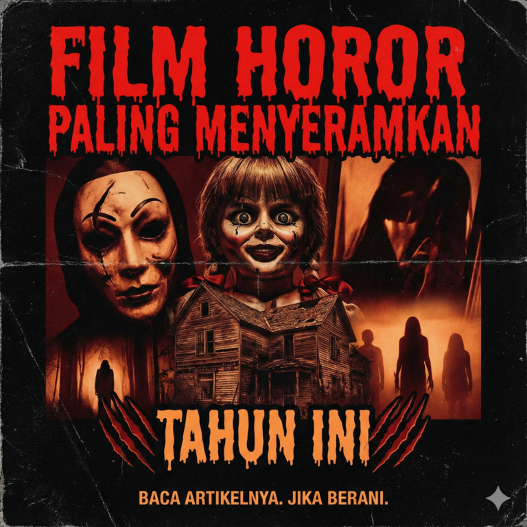 Ilustrasi poster digital film horor paling menyeramkan tahun ini dengan nuansa gelap, boneka seram, topeng misterius, dan rumah hantu berlatar merah darah.