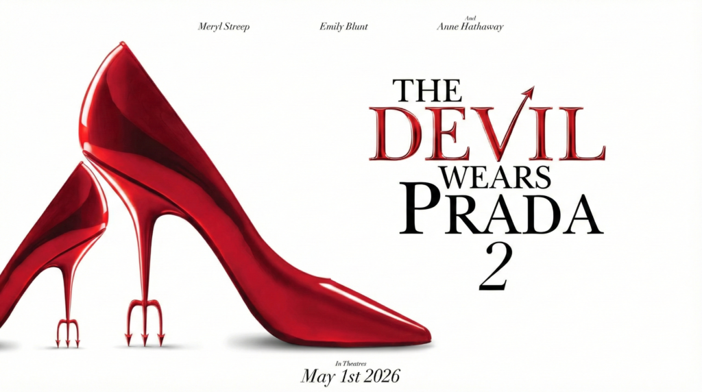 Poster film minimalis untuk "The Devil Wears Prada 2" dengan latar belakang putih. Visual utama adalah dua sepatu hak tinggi merah mengkilap, satu besar dan satu kecil, dengan bagian tumit berbentuk garpu trisula iblis. Teks di bagian atas mencantumkan Meryl Streep, Emily Blunt, dan Anne Hathaway. Judul di tengah bertuliskan "THE DEVIL WEARS PRADA 2" dengan ekor iblis pada huruf V. Di bagian bawah tertulis tanggal rilis "In Theatres May 1st 2026".