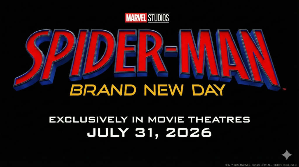 Poster film resmi dari Marvel Studios untuk 'Spider-Man: Brand New Day'. Menampilkan logo ikonik Spider-Man berwarna merah dan biru, subjudul kuning 'Brand New Day', dan teks rilis bioskop 'July 31, 2026' dengan latar belakang hitam pekat.
