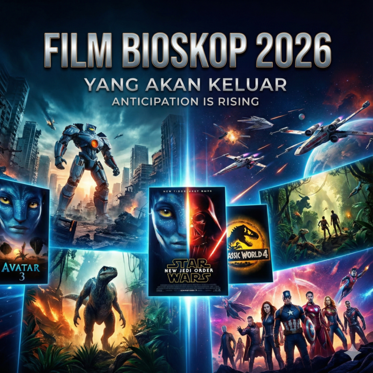 Poster kolase digital horizontal bertuliskan "FILM BIOSKOP 2026 - YANG AKAN KELUAR". Menampilkan gabungan visual robot besar, pertempuran luar angkasa, dan dinosaurus, serta poster spesifik untuk Avatar 3, Star Wars: New Jedi Order, Jurassic World 4, dan Avengers Endgame sebagai representasi film blockbuster yang dinantikan.