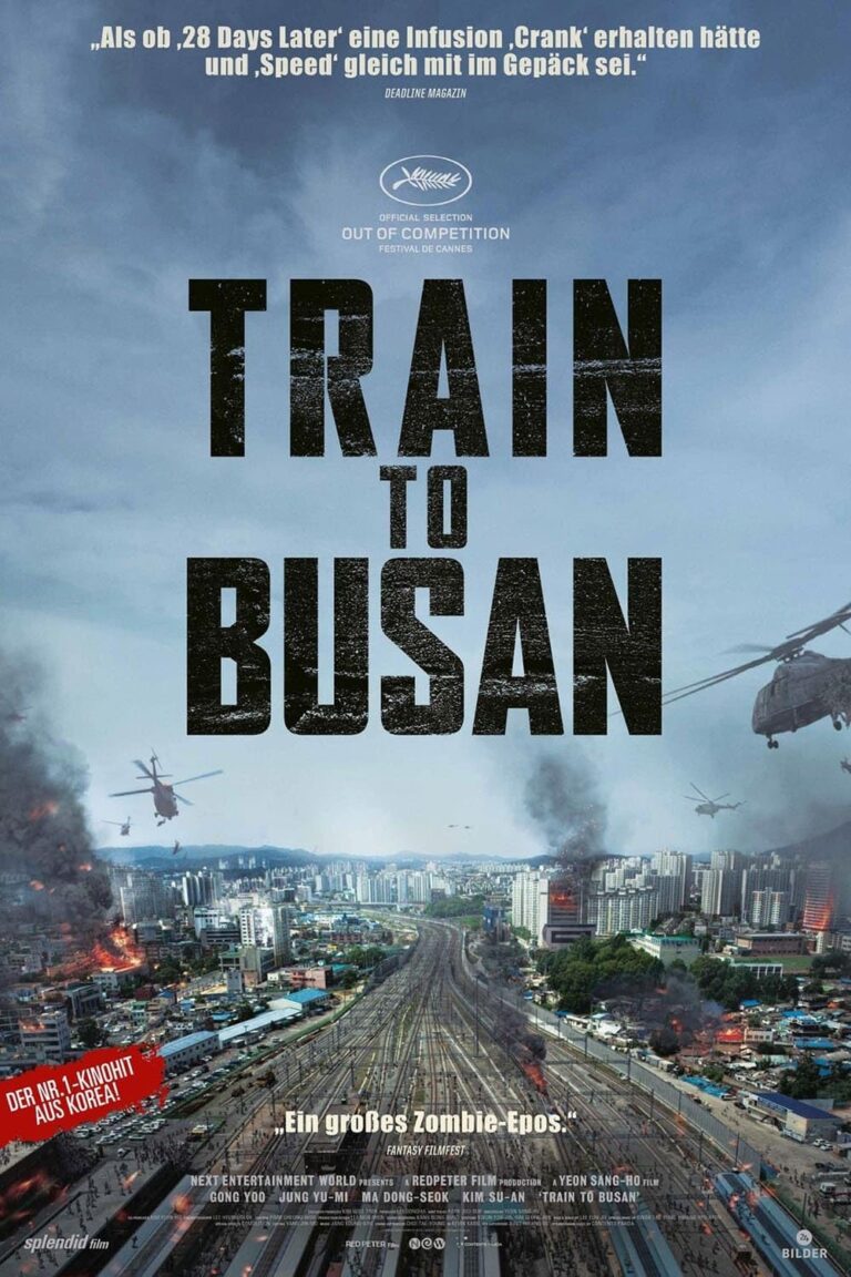 Poster film Train to Busan menampilkan kota Korea yang kacau dengan jalur kereta di tengah, helikopter militer di udara, dan api kebakaran akibat wabah zombie.