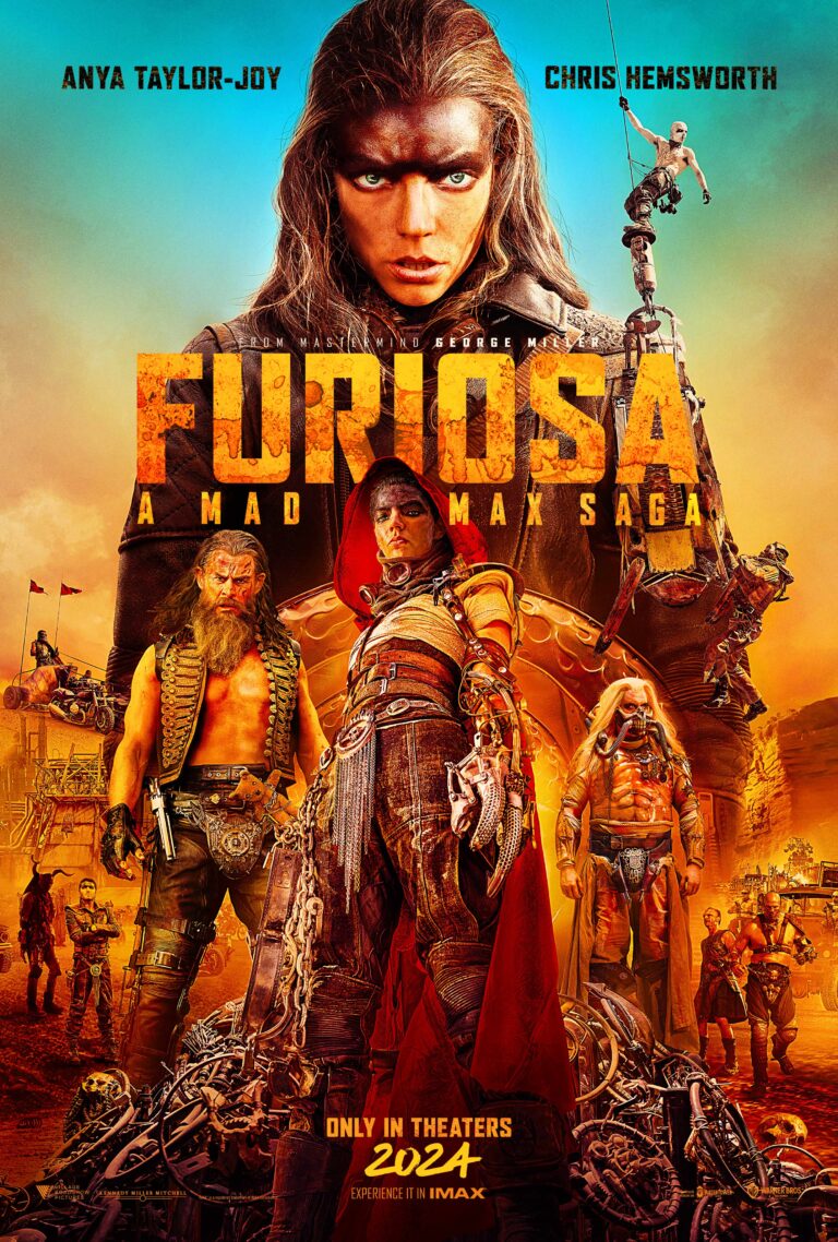 Poster film Furiosa: A Mad Max Saga (2024), menampilkan karakter Furiosa (Anya Taylor-Joy) di tengah aksi epik dengan latar gurun apokaliptik dan karakter-karakter lainnya, termasuk Chris Hemsworth, di dunia yang hancur.