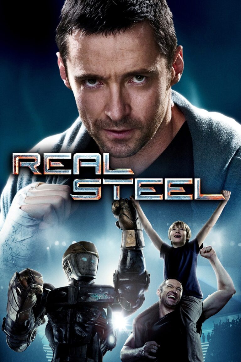 Poster film Real Steel menampilkan Hugh Jackman dengan robot Atom dan anaknya, Max, merayakan kemenangan di arena tinju futuristik.