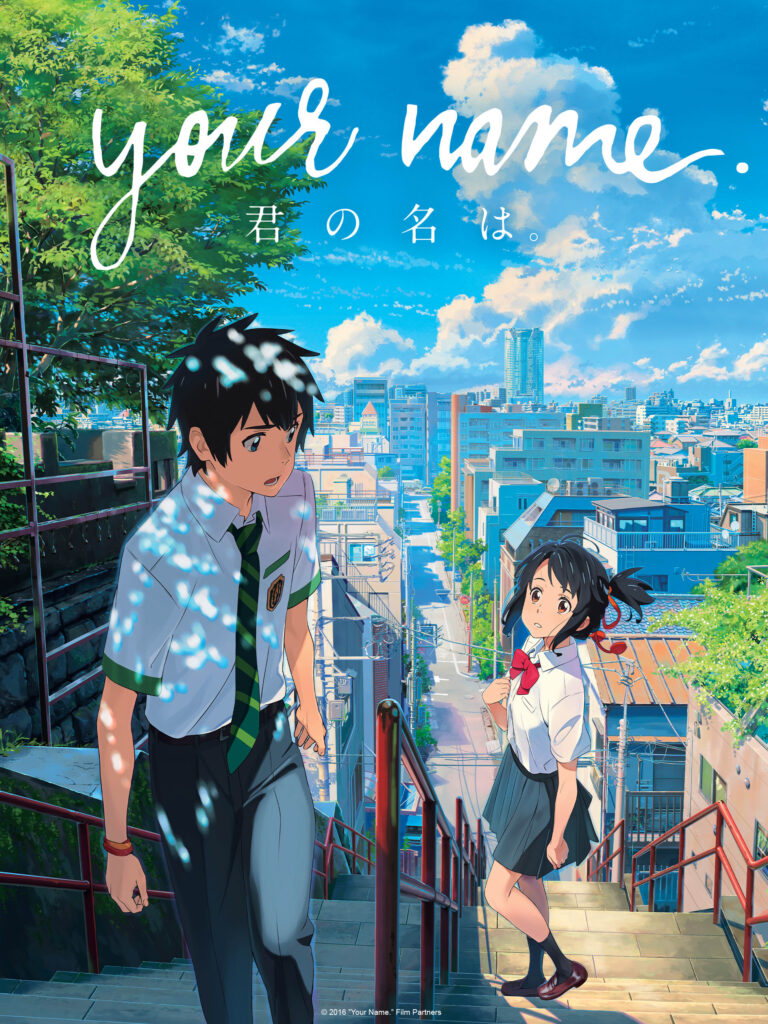 Adegan anime Your Name menampilkan Taki dan Mitsuha di tangga kota Tokyo dengan latar langit biru dan suasana emosional khas film Makoto Shinkai