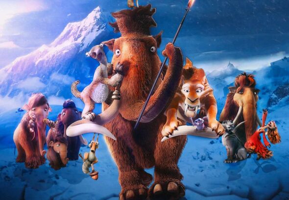 Poster film Ice Age 6 yang menampilkan karakter utama seperti Manny, Sid, Diego, dan lainnya dengan latar belakang pegunungan es yang dramatis. Film ini dijadwalkan tayang di bioskop pada 2026.