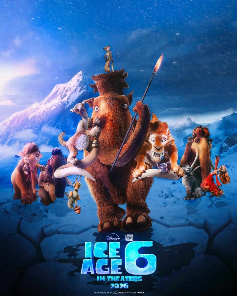 Poster film Ice Age 6 yang menampilkan karakter utama seperti Manny, Sid, Diego, dan lainnya dengan latar belakang pegunungan es yang dramatis. Film ini dijadwalkan tayang di bioskop pada 2026.