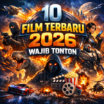 Poster promosi untuk 10 film terbaru 2026 dengan elemen aksi futuristik, karakter dinamis, dinosaurus, mobil sport, dan robot, semuanya dalam palet warna yang dramatis.