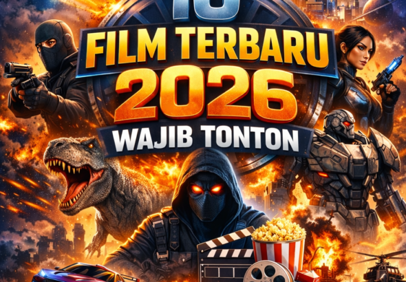 Poster promosi untuk 10 film terbaru 2026 dengan elemen aksi futuristik, karakter dinamis, dinosaurus, mobil sport, dan robot, semuanya dalam palet warna yang dramatis.