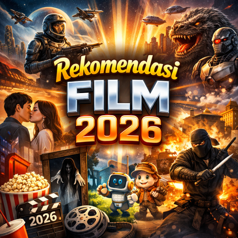 Poster promosi digital dengan judul tebal 'Rekomendasi Film 2026', menampilkan berbagai genre seperti sci-fi, romantis, aksi, horor, dan animasi, termasuk tentara futuristik, makhluk, dan ledakan. Latar belakang '2026' berwarna oranye menyala dengan ikon film seperti popcorn dan klapperboard.