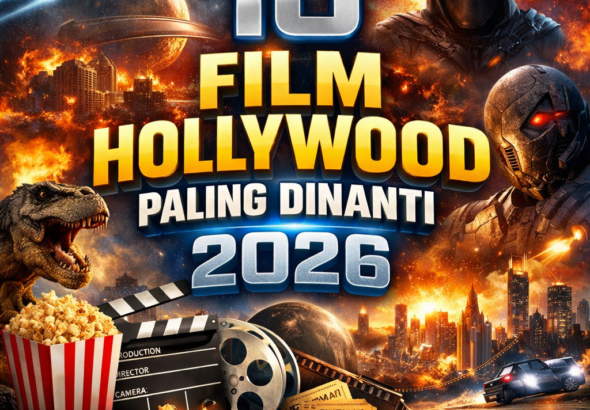 Poster promosi "10 Film Hollywood Paling Dinanti 2026" dengan elemen-elemen futuristik seperti dinosaurus, superhero bertopeng, robot, pesawat luar angkasa, dan properti sinematik seperti popcorn, clapperboard, dan tiket film, yang menggambarkan kegembiraan film blockbuster yang akan datang.