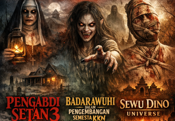 Poster Film Horor Indonesia 2026 Paling Dinanti: Pengabdi Setan 3, Badarawuhi dalam Pengembangan Semesta KKN, dan Sewu Dino Universe dengan suasana horor gelap dan penuh misteri.
