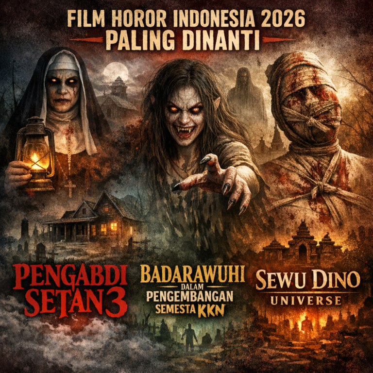 Poster Film Horor Indonesia 2026 Paling Dinanti: Pengabdi Setan 3, Badarawuhi dalam Pengembangan Semesta KKN, dan Sewu Dino Universe dengan suasana horor gelap dan penuh misteri.