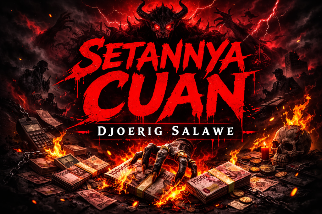 Poster promosi film horor "Setannya Cuan" yang menampilkan judul dengan font darah merah dan latar belakang api serta tumpukan uang yang terbakar, dikelilingi oleh figur setan dan atmosfer gelap.