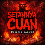 Poster promosi film horor "Setannya Cuan" yang menampilkan judul dengan font darah merah dan latar belakang api serta tumpukan uang yang terbakar, dikelilingi oleh figur setan dan atmosfer gelap.
