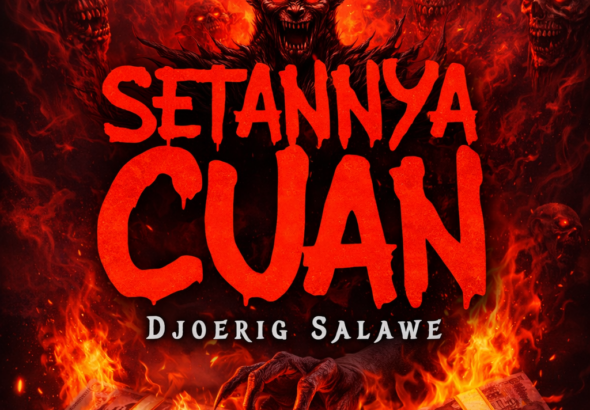 Poster promosi film horor "Setannya Cuan" yang menampilkan judul dengan font darah merah dan latar belakang api serta tumpukan uang yang terbakar, dikelilingi oleh figur setan dan atmosfer gelap.